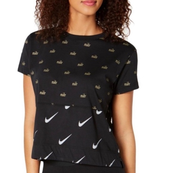 Nike Swoosh Check Semi Cropped Layered Tee Black Size M - Picture 1 of 10
